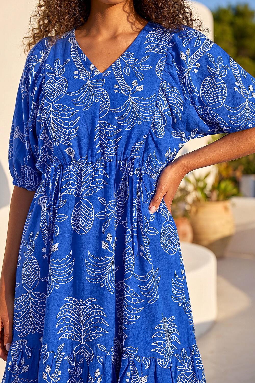 Blue Petite Palm Print Smock Dress, Image 5 of 4