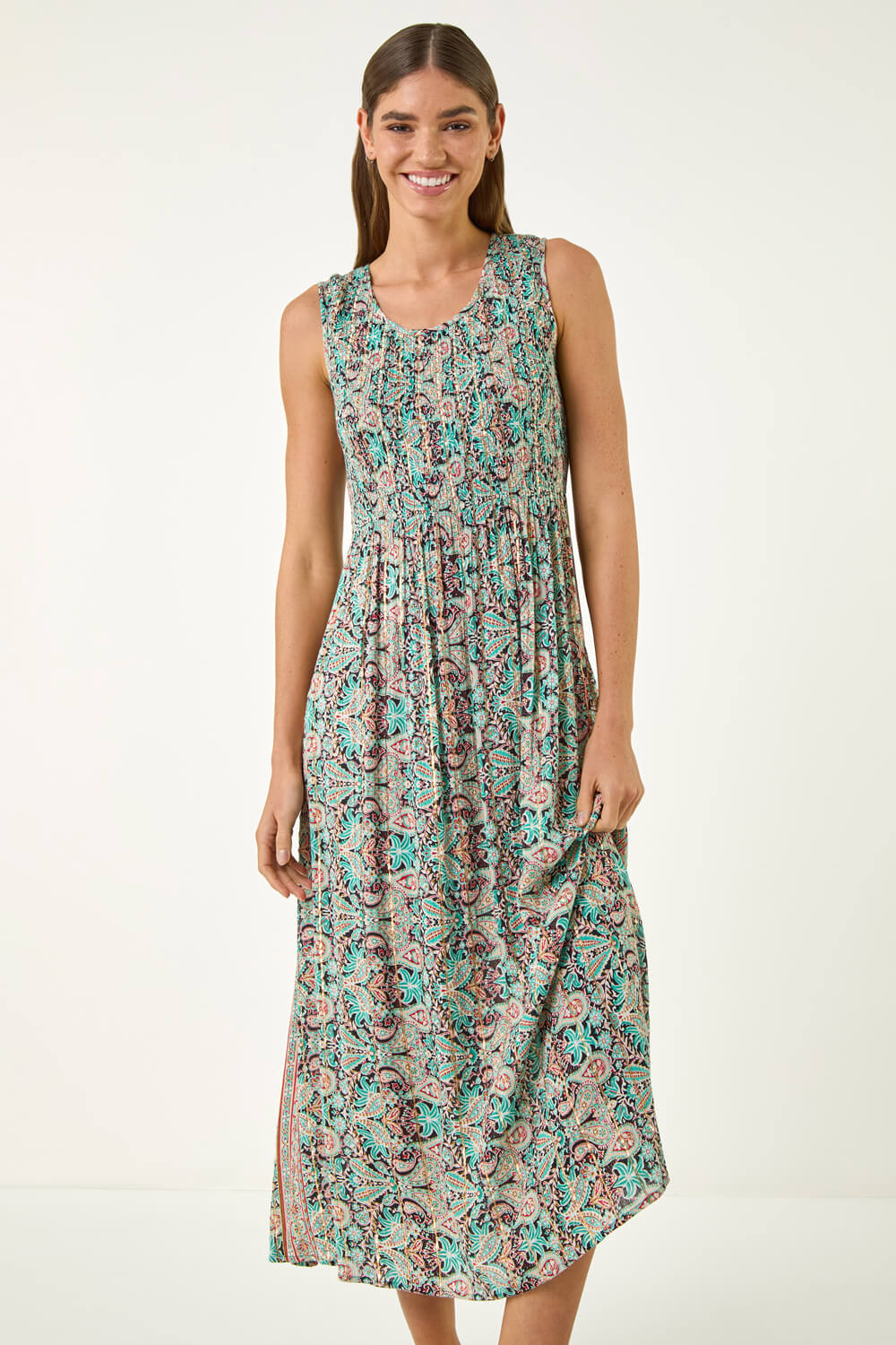 Blue Paisely Print Shirred Midi Dress , Image 5 of 5