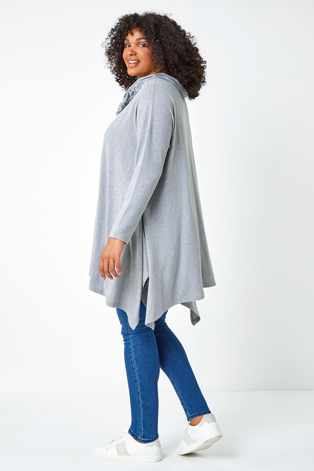 Grey Curve Cowl Neck Relaxed Stretch Tunic Top, Image 4 of 5