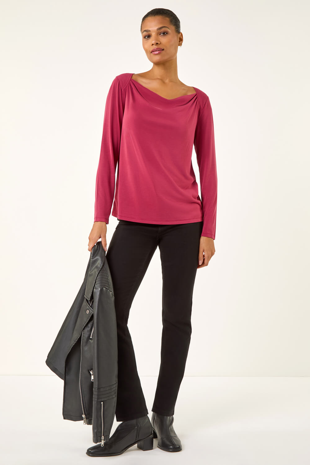 Burgundy Cowl Neck Premium Stretch Top, Image 1 of 5