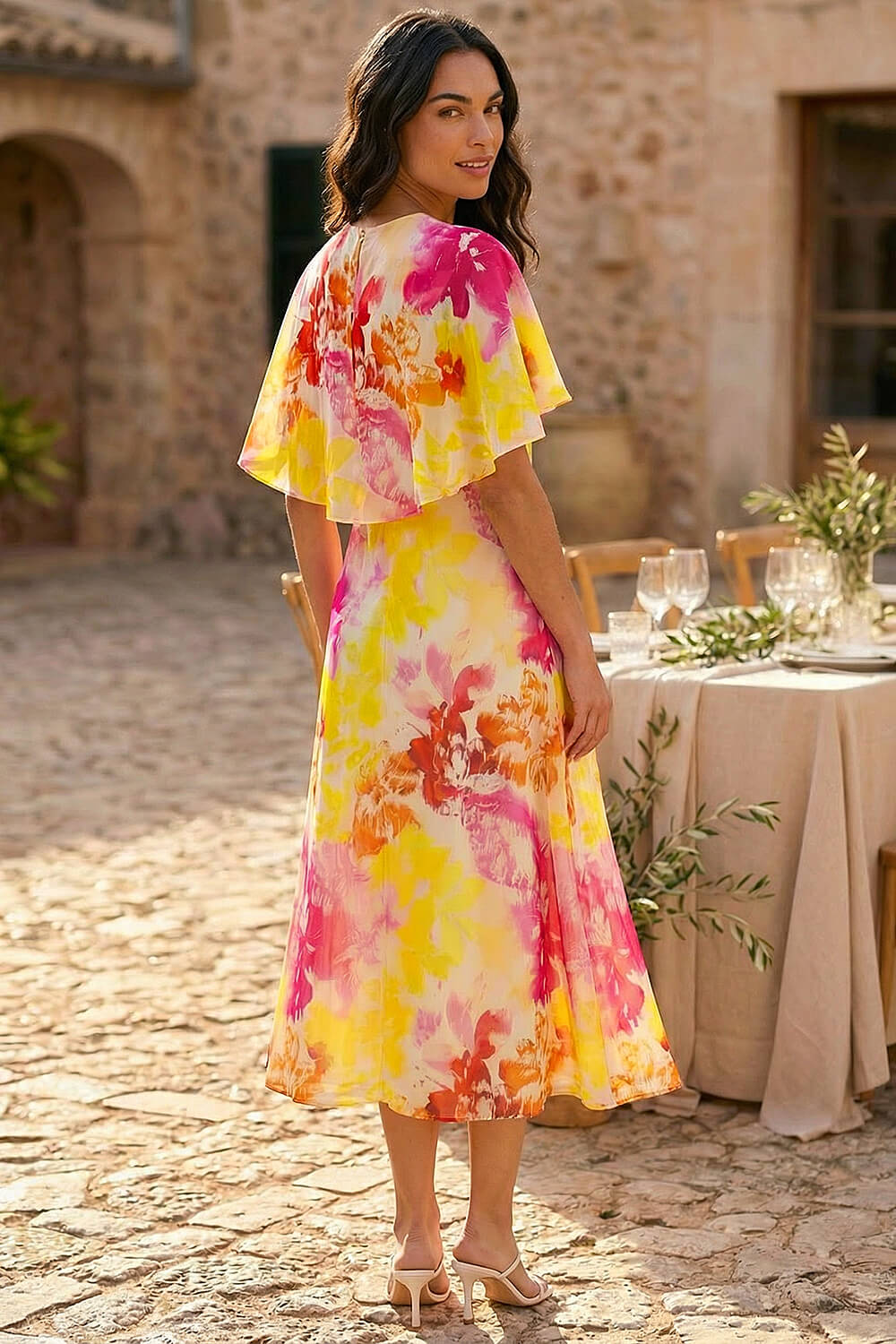Pink Abstract Printed Cape Dress, Image 3 of 3