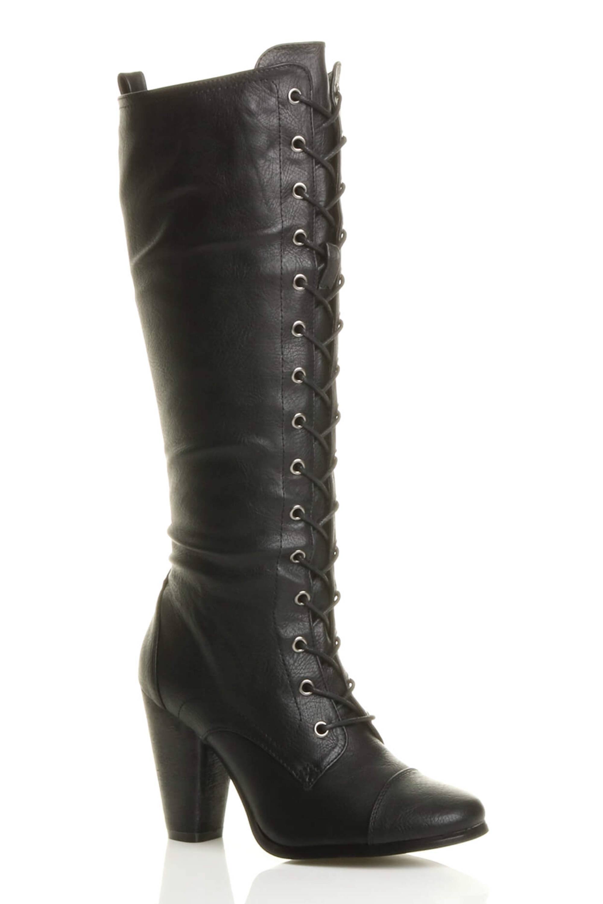 Black High Heel Lace Up Victorian Style Knee High Boots