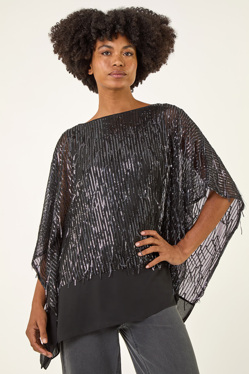 Dark Grey Sequin Mesh Chiffon Hem Top, Image 1 of 5