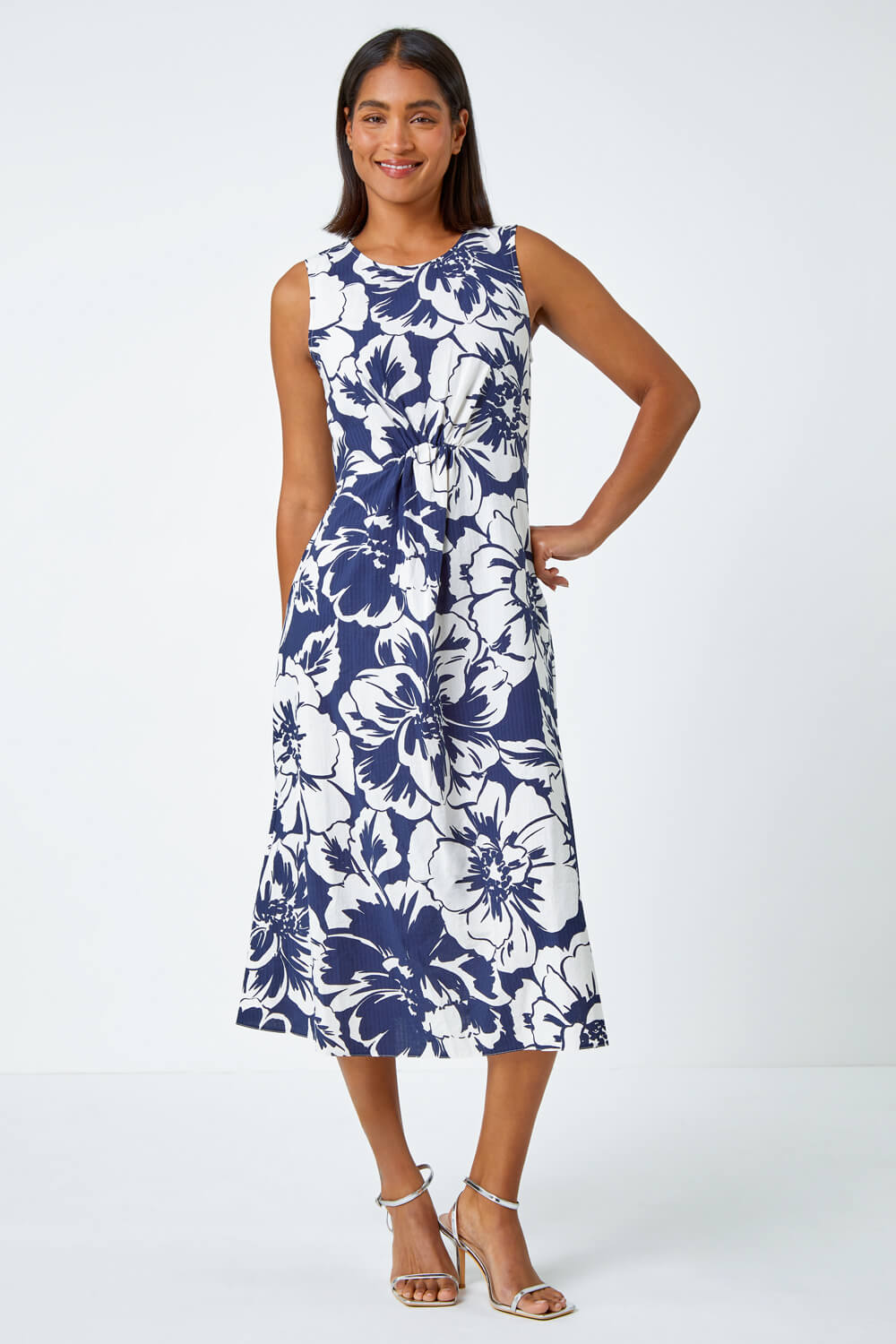 Navy  Sleeveless Cotton Blend Floral Midi Dress, Image 3 of 5