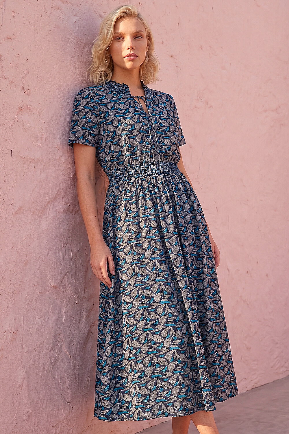 Navy Petite Shirred Waist Dress, Image 3 of 4