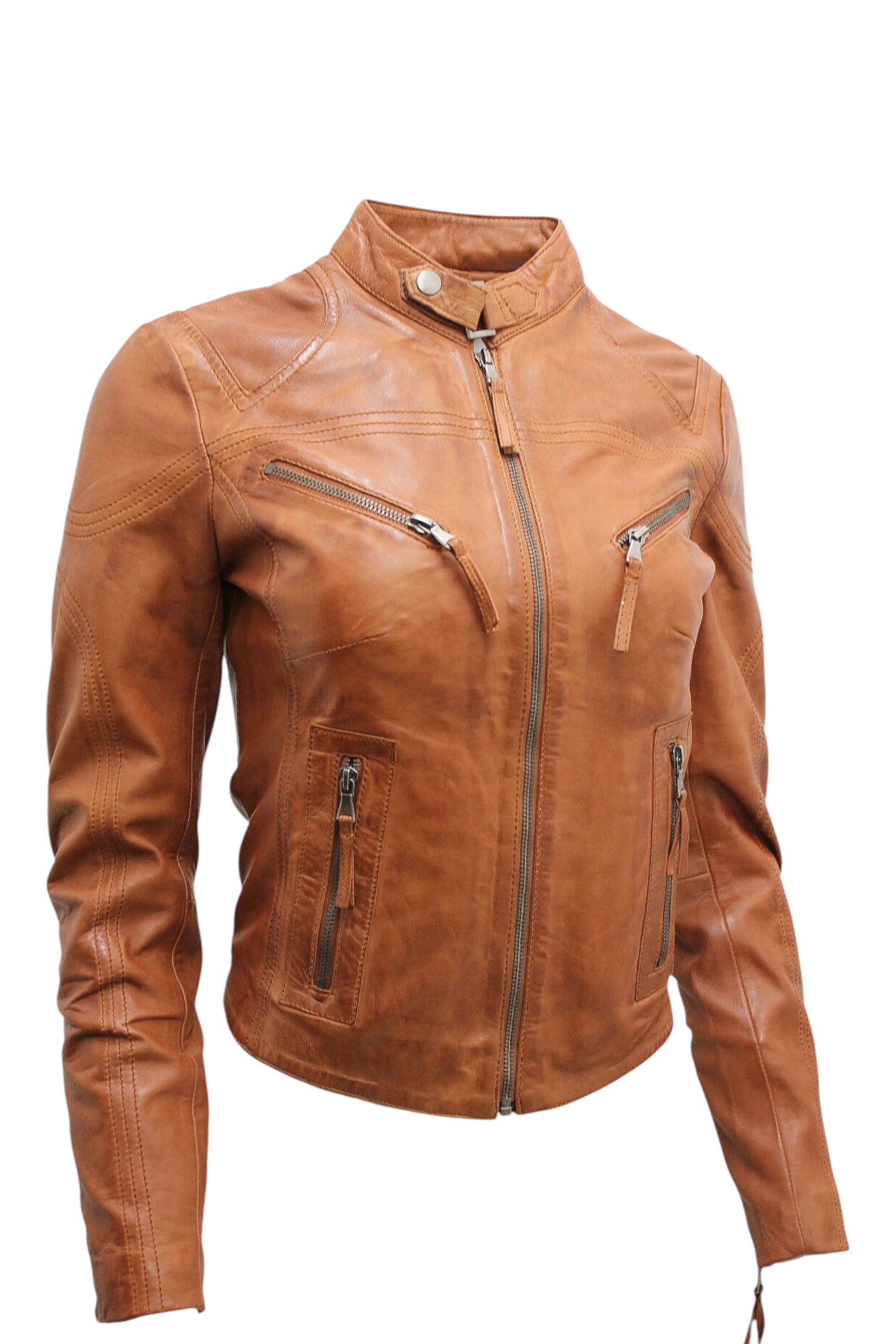 Brown Slim-Fit Leather Biker Jacket-Tulsa, Image 3 of 5