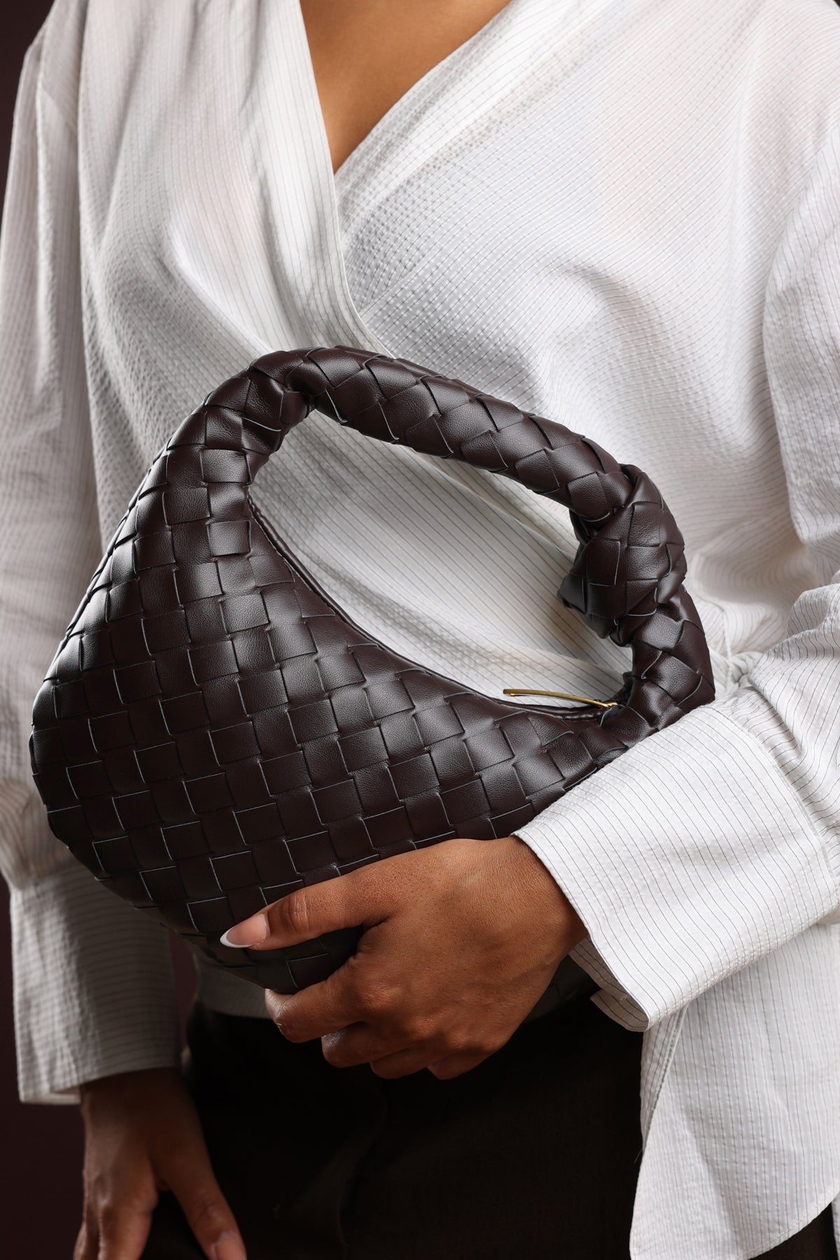 Dark Brown Aura Classic Woven Hobo Bag, Image 2 of 6