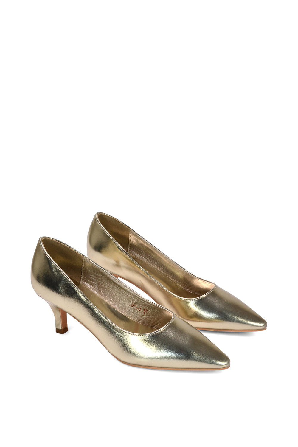 Gold XY LONDON Gold 'Cali' Pointed Toe Low Stiletto Kitten High Heel Court Shoes, Image 5 of 6