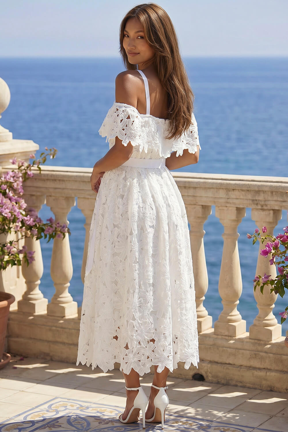 Ivory Crochet Lace Bardot Midi Dress , Image 4 of 4