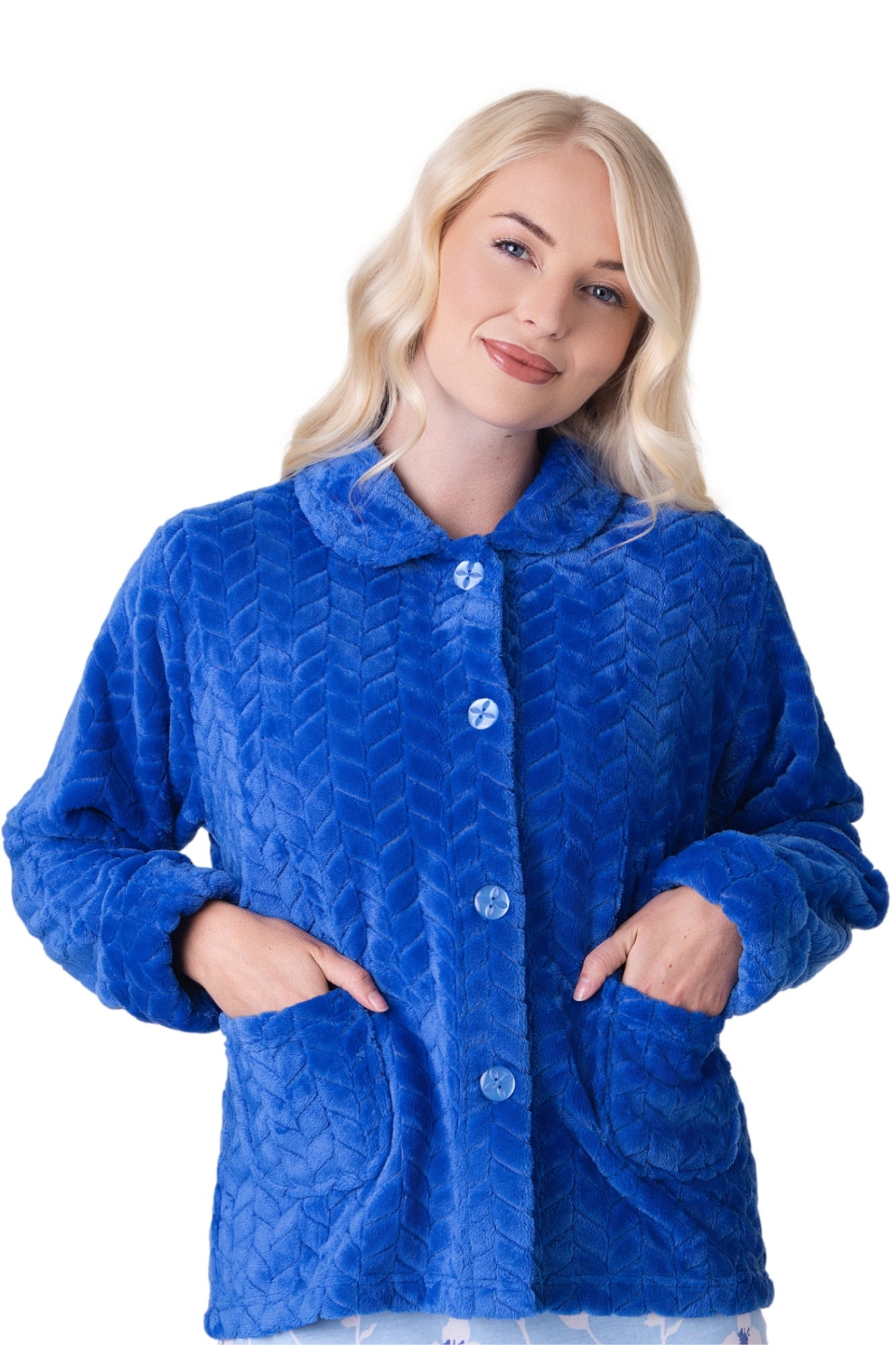Blue Camille Lingerie Blue Supersoft Button Front Embossed Bed Jacket, Image 1 of 5