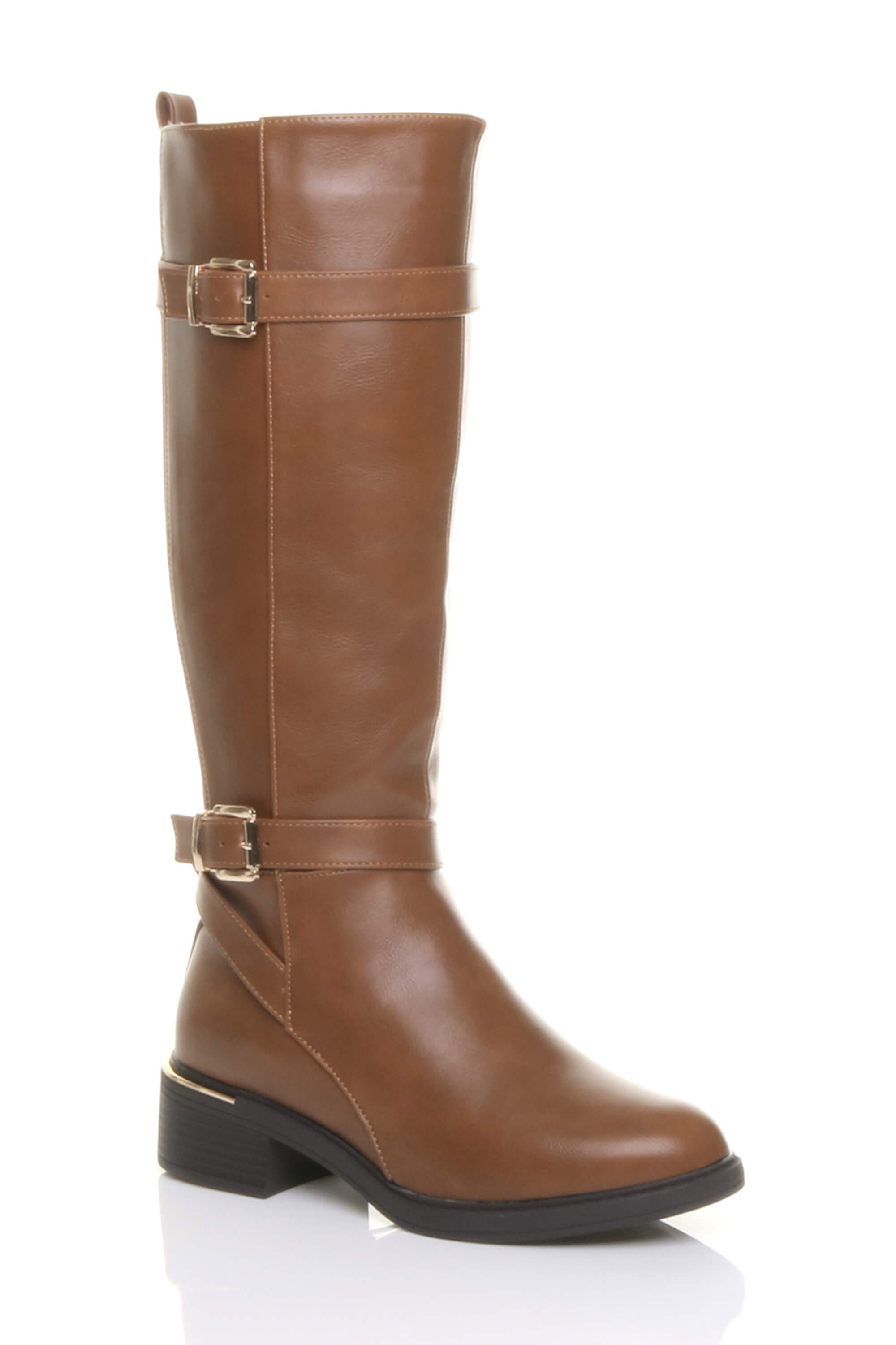 Tan AJVANI Tan Stretchy Elastic Zip Calf Biker Knee Boots, Image 5 of 5