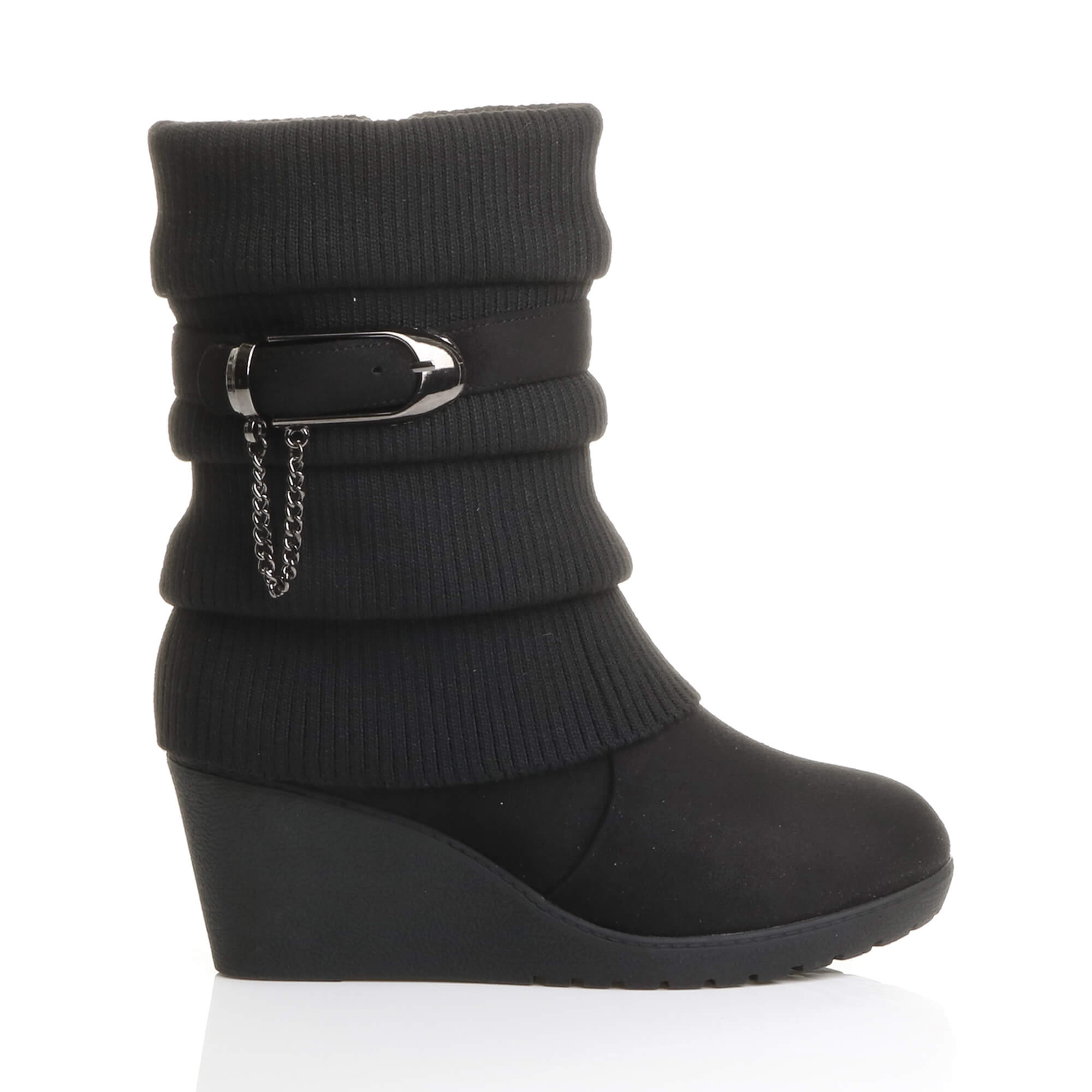 Black AJVANI Black Mid Wedge Heel Slouch Ankle Boots, Image 1 of 6