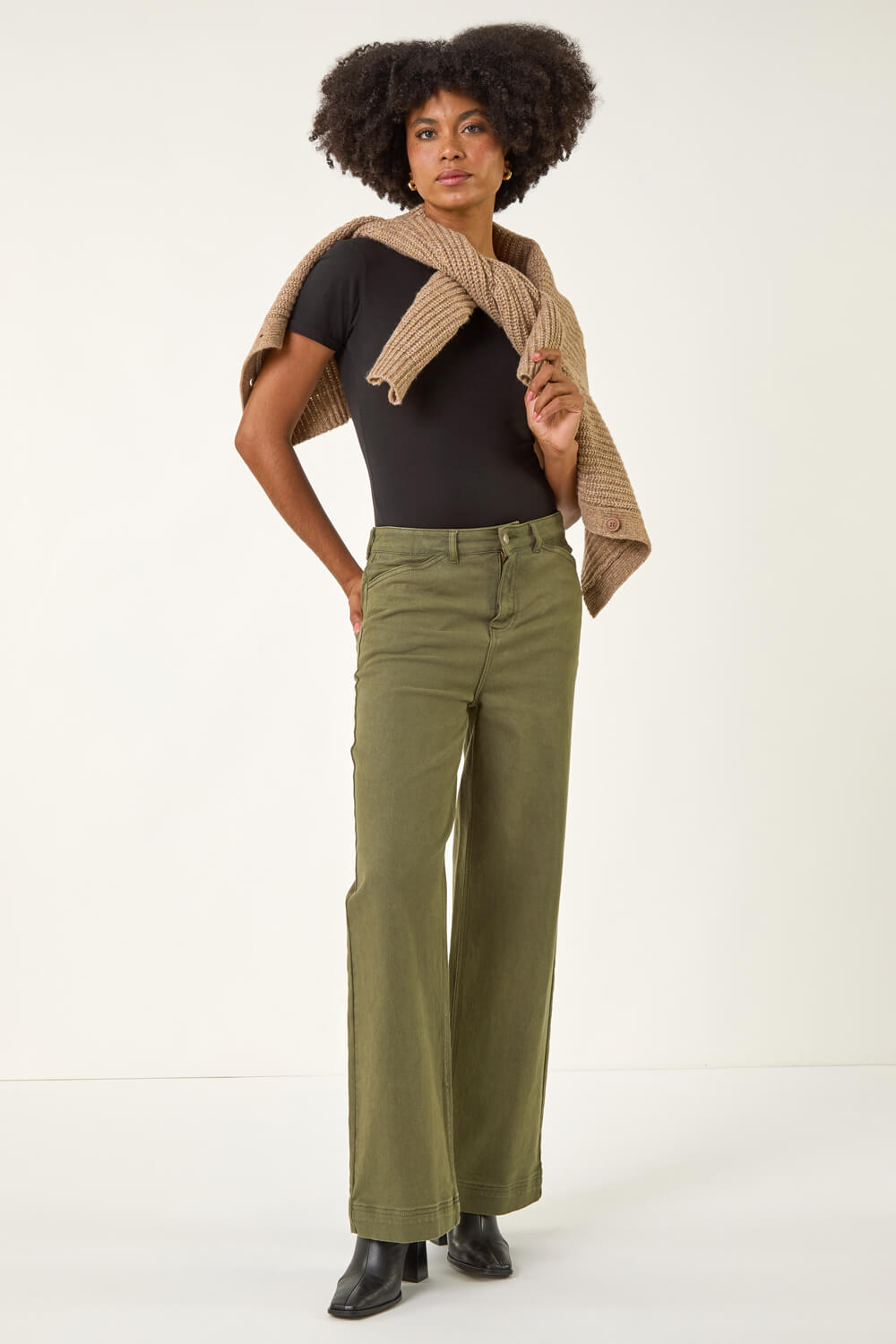 Khaki Cotton Blend Wide Leg Stretch Jeans, Image 3 of 5