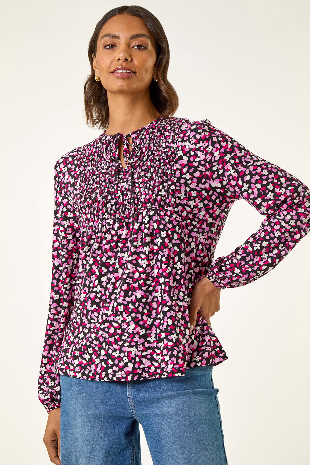 PINK Printed Shirred Tie Neck Top, Image 5 of 5