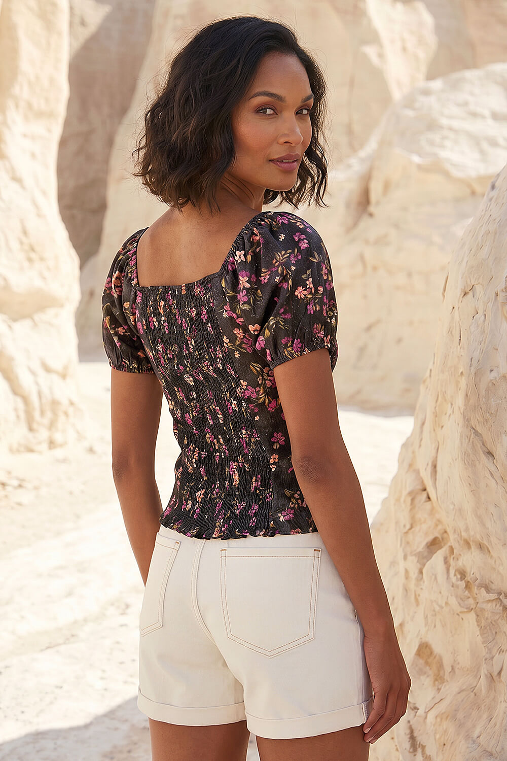 Black Dusk Floral Shimmer Tie Front Top, Image 3 of 4