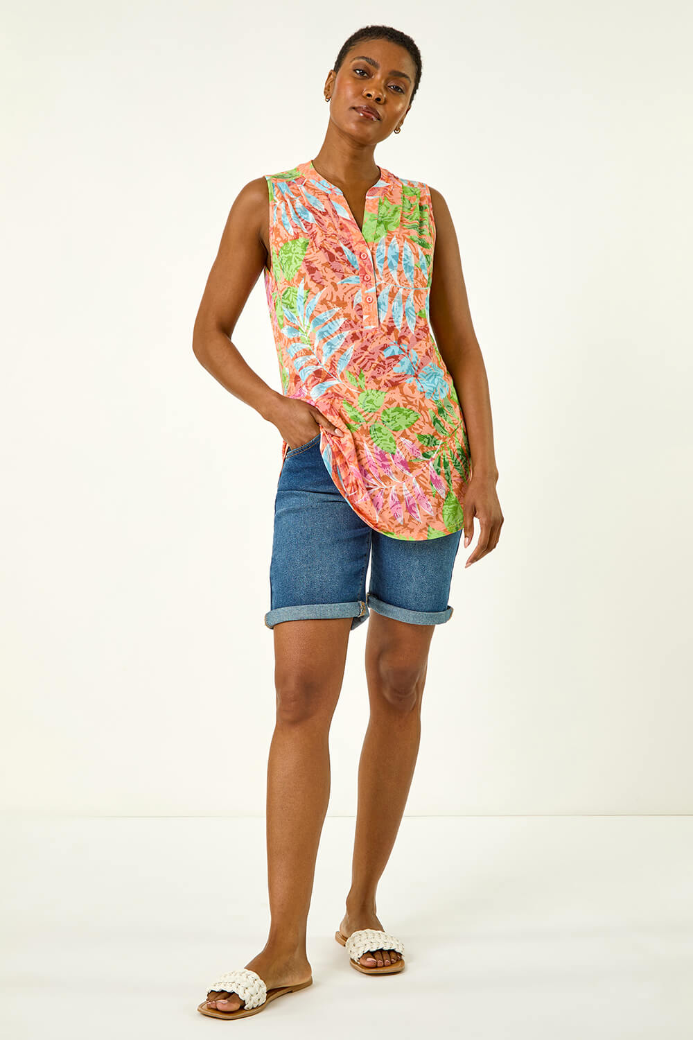 Roman Women's Orange Burnout Leaf Print Vest Top Size 10