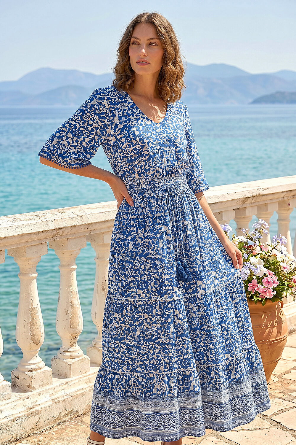 Blue Petite Print Tassel Tie Waist Midi Dress, Image 3 of 4