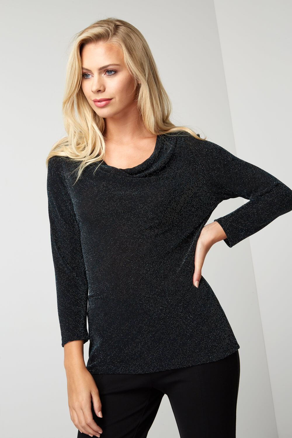 Black Shimmer Cowl Neck Top, Image 1 of 5