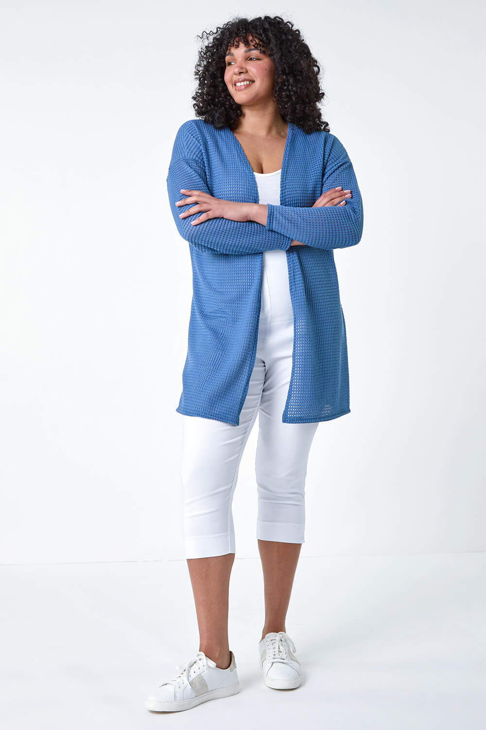 Denim Curve Textured Longline Cardigan, Image 3 of 5