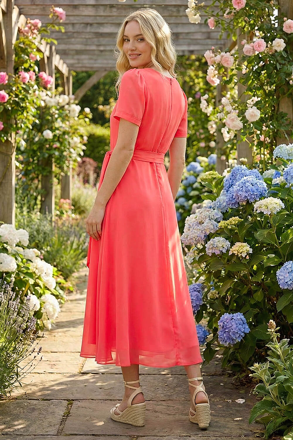 Coral Pleated Chiffon Midi Dress, Image 4 of 4