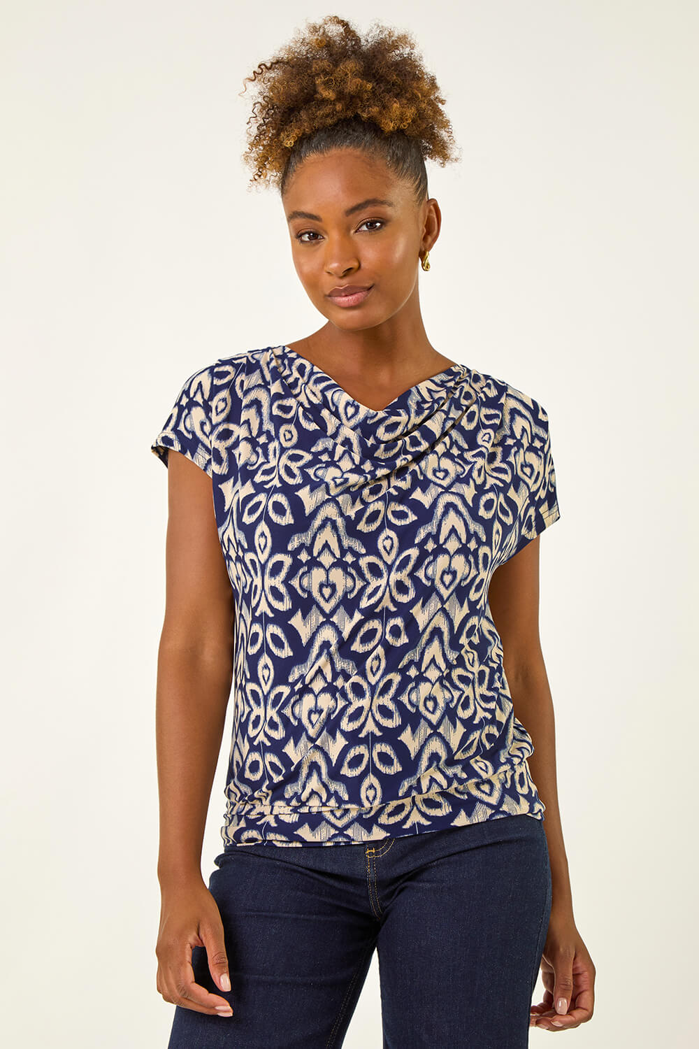 Navy Geo Print Cowl Neck Stretch Top, Image 3 of 5