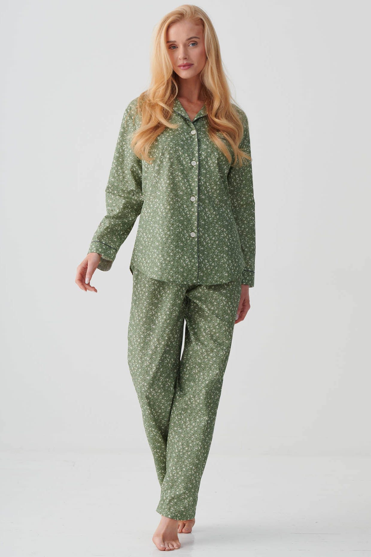 Pale Green "Shrub Sage" Flower Crisp Cotton Pyjama Set, Image 1 of 3