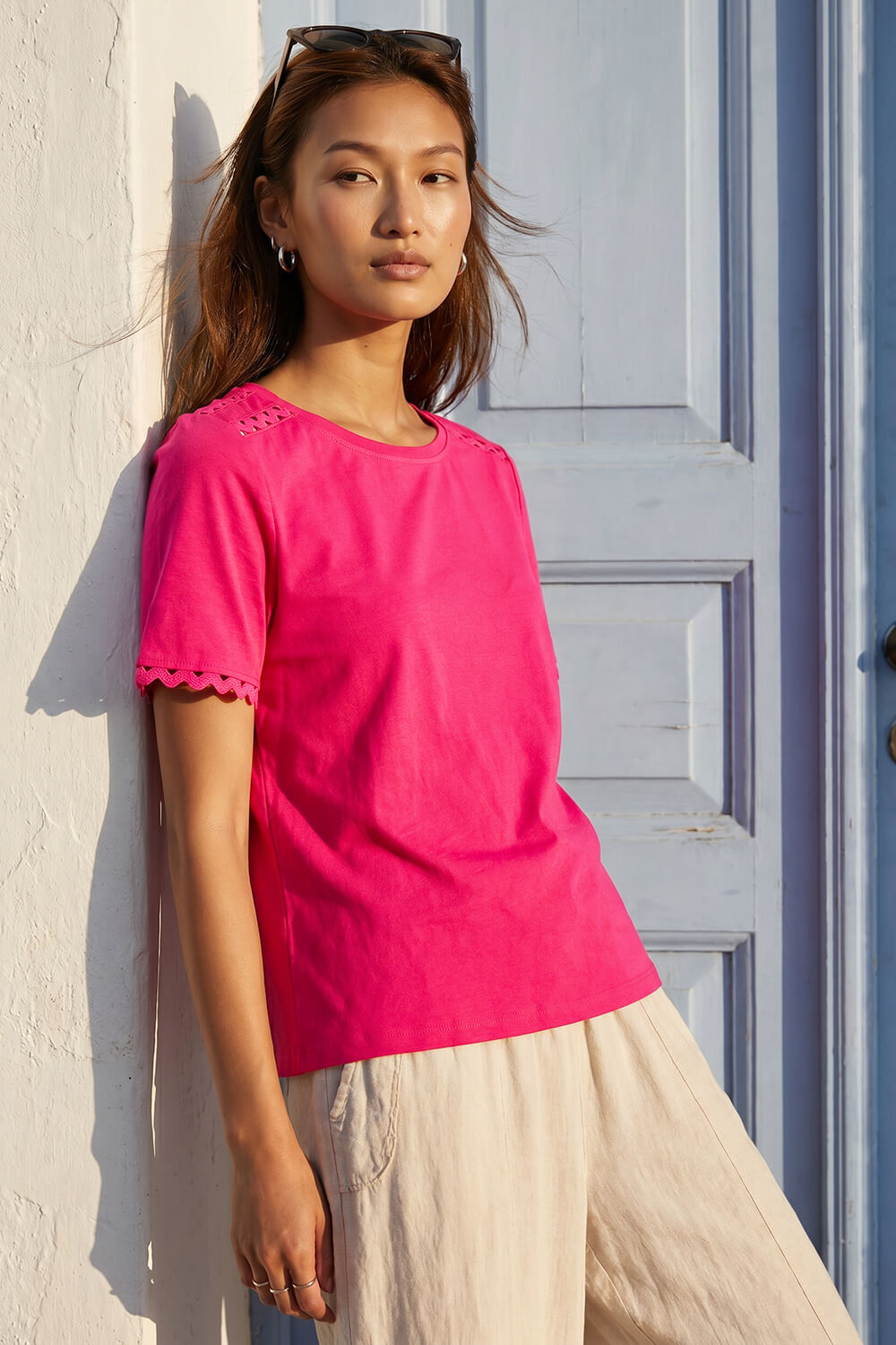 Pink Cotton Ric Rac Detail T-Shirt, Image 1 of 4