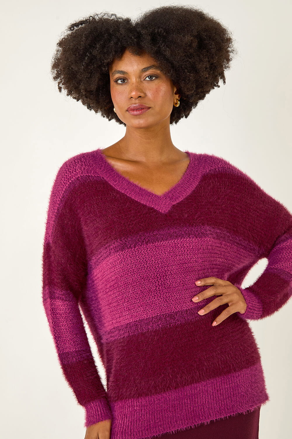 Magenta V-Neck Stripe Knit Jumper, Image 5 of 5