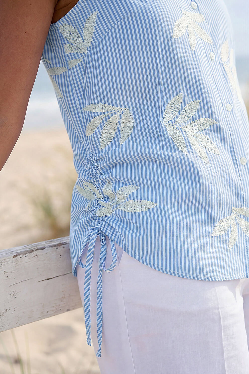 Blue Stripe Leaf Embroidered Button Up Blouse, Image 5 of 4