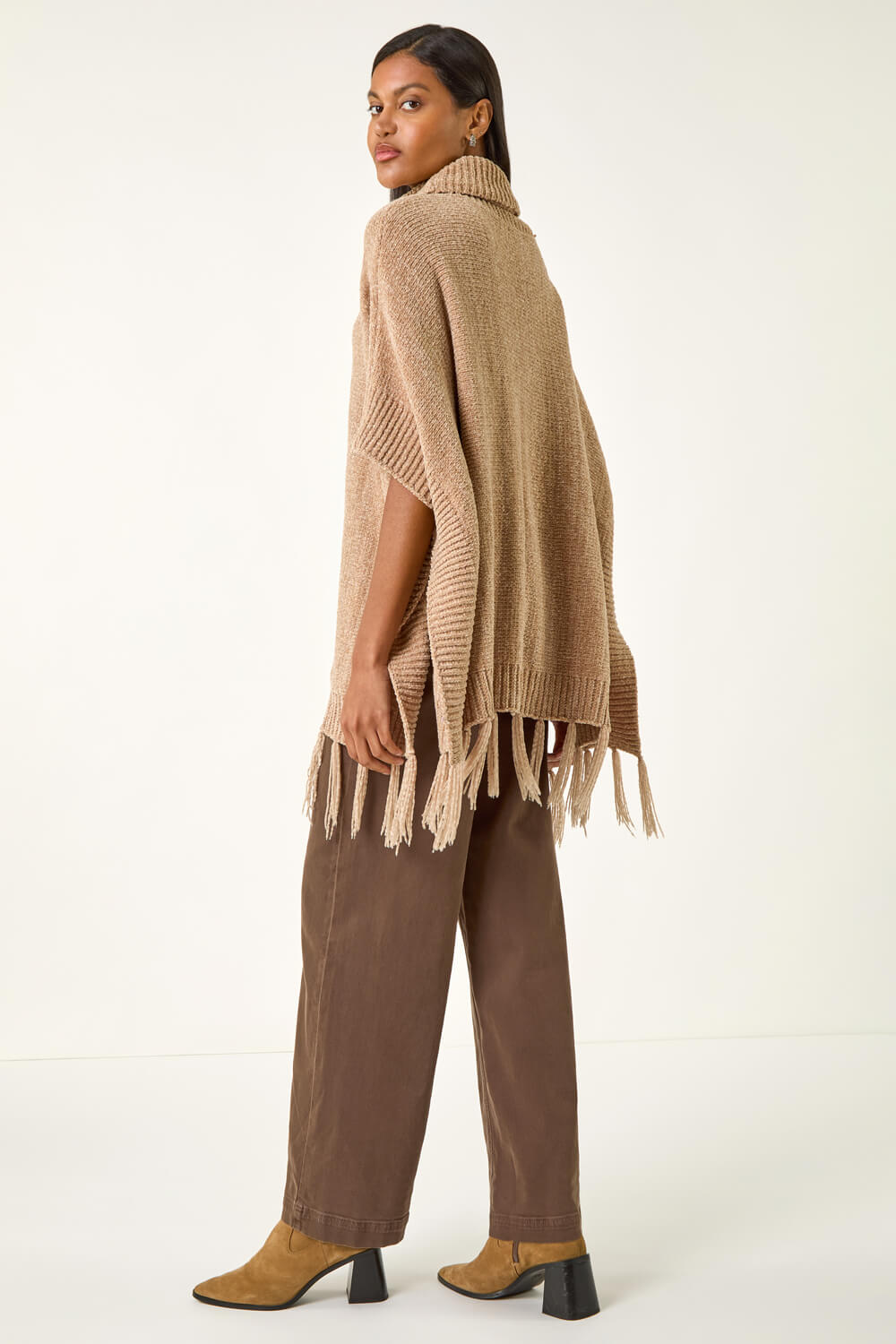 Natural Tassel Trim Knit Poncho, Image 5 of 5