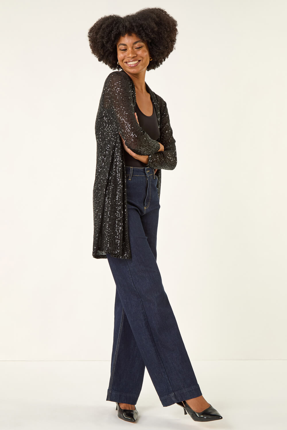 Black Sequin Longline Kimono, Image 1 of 5