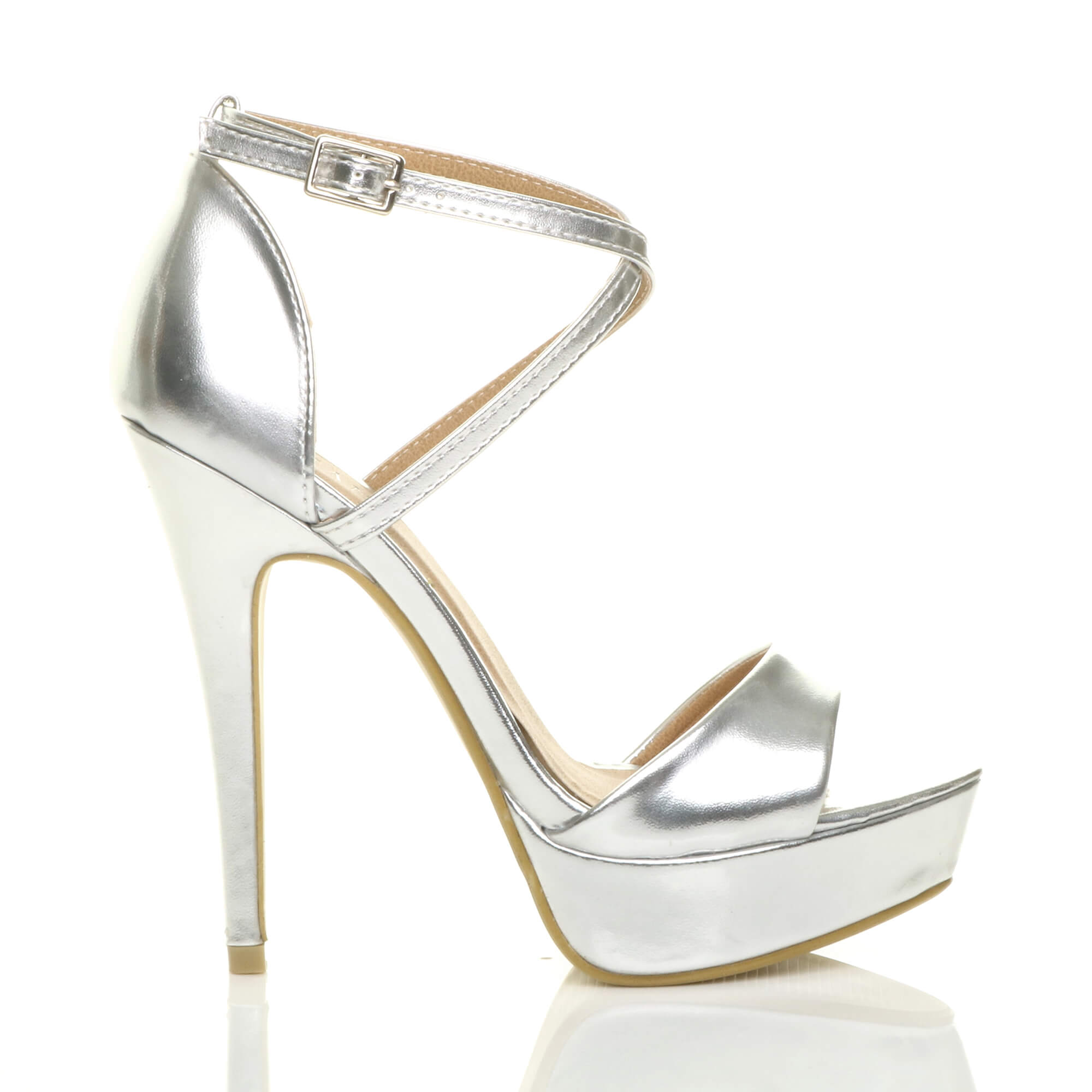 Silver AJVANI Silver High Heel Crossed Straps Platform Sandals, Image 2 of 6