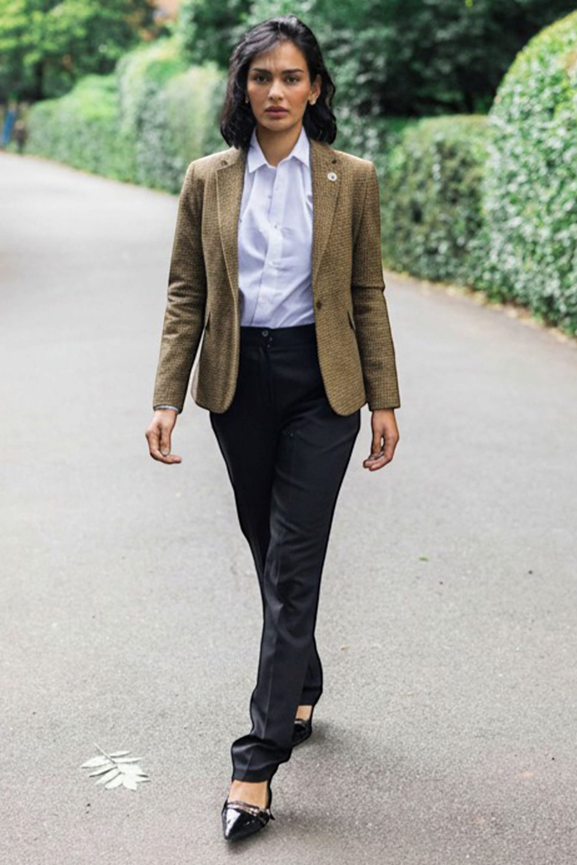 Brown Infinity Leather Brown Womens Tailored Brown Wool Blend Tweed Blazer, Image 3 of 6
