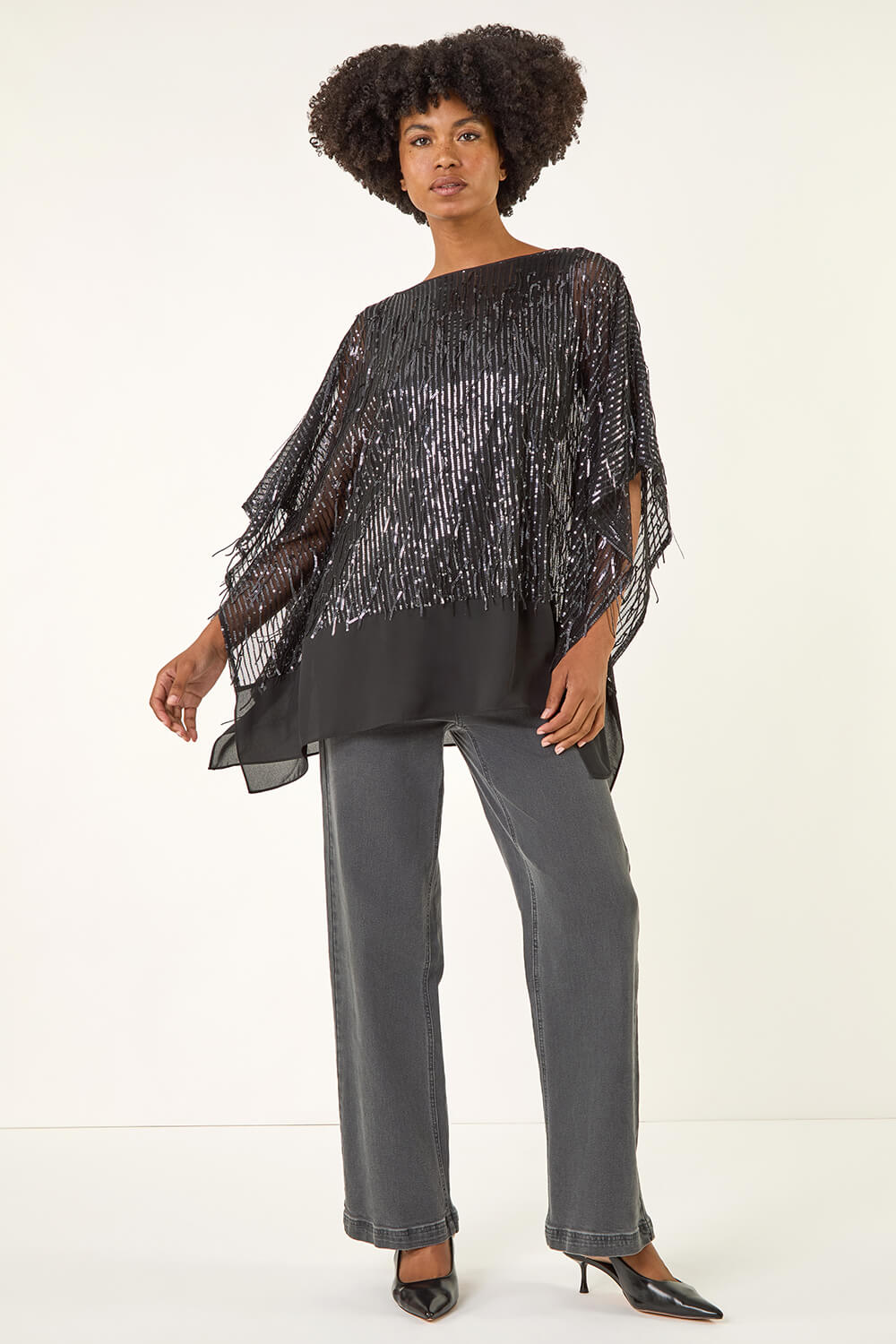 Dark Grey Sequin Mesh Chiffon Hem Top, Image 3 of 5