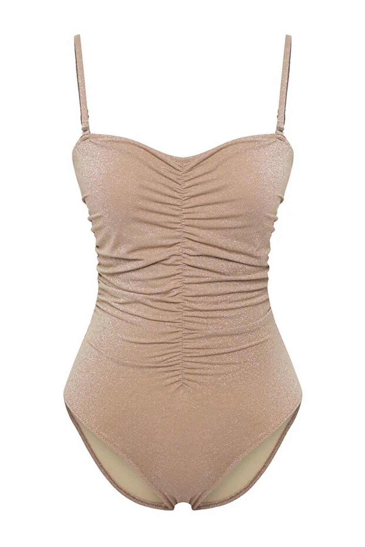 Taupe Ruched Sweetheart Neck Strappy Swimsuit, Image 4 of 6