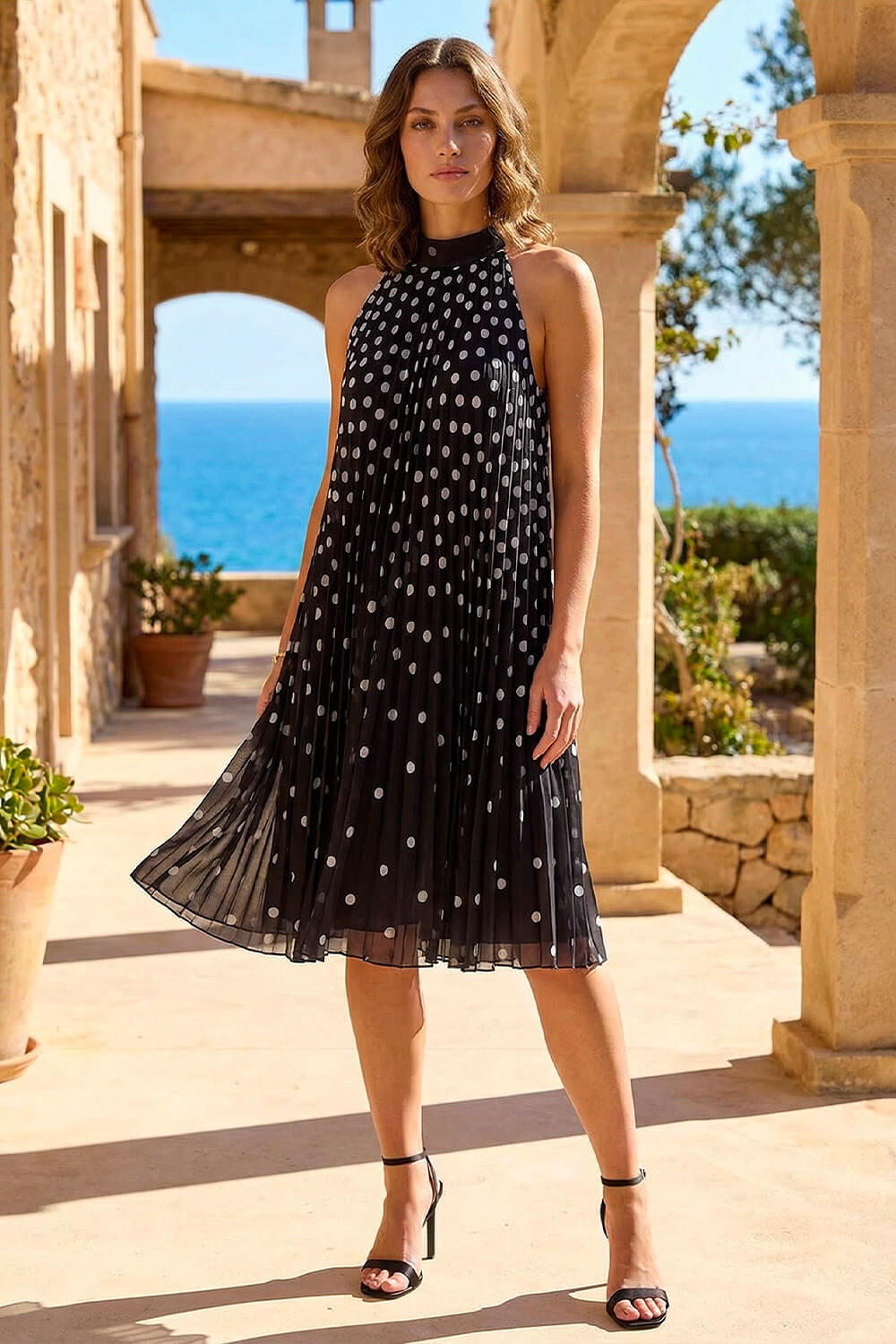 Black Petite Polka Dot Halter Neck Pleat Dress, Image 1 of 4