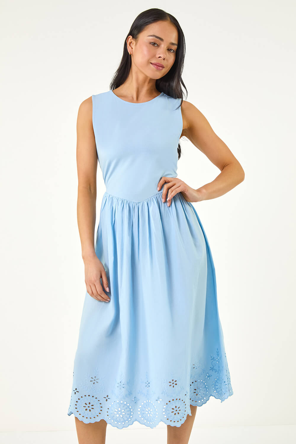Light Blue Petite Embroidered Hem Midi Dress | Roman UK
