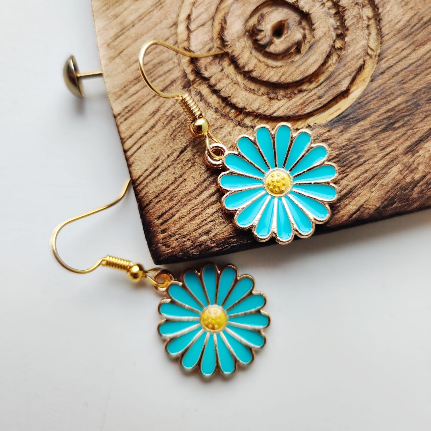 White Sunflower Charm Dainty Boho Hook Earrings, Image 3 of 5