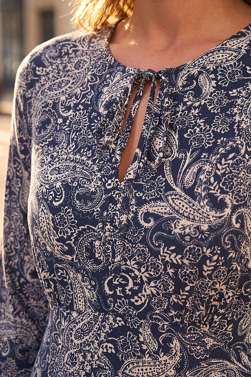 Navy Petite Paisley Tie Neck Dress, Image 5 of 4