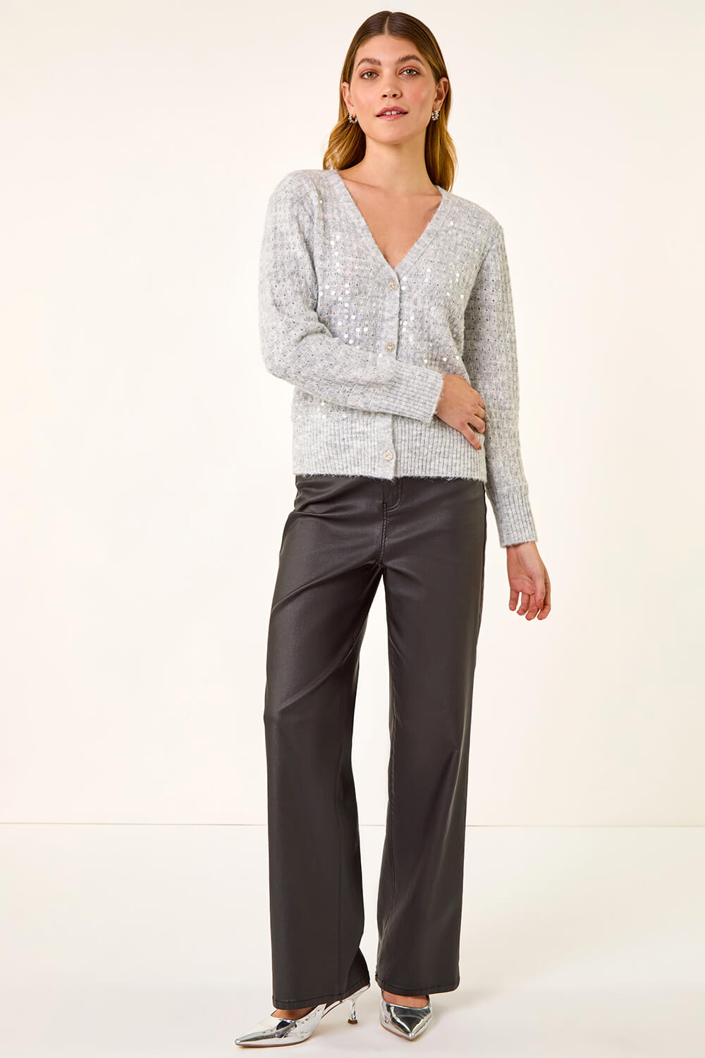 Grey Buttoned Sequin Knit Cardigan, Image 4 of 7