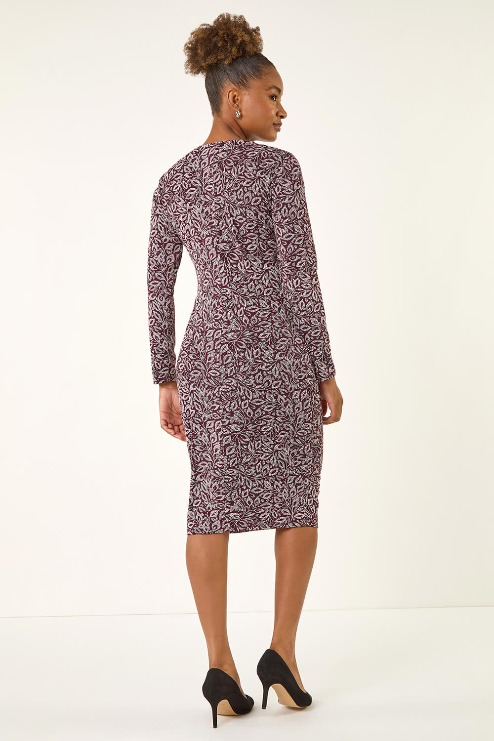 Burgundy Leaf Print Chain Detail Dress, Image 4 of 5