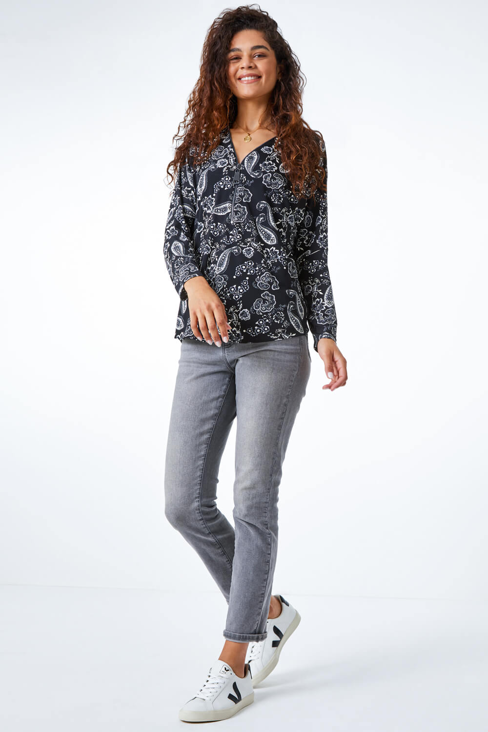 Black Paisley Print Zip Front Top , Image 5 of 5