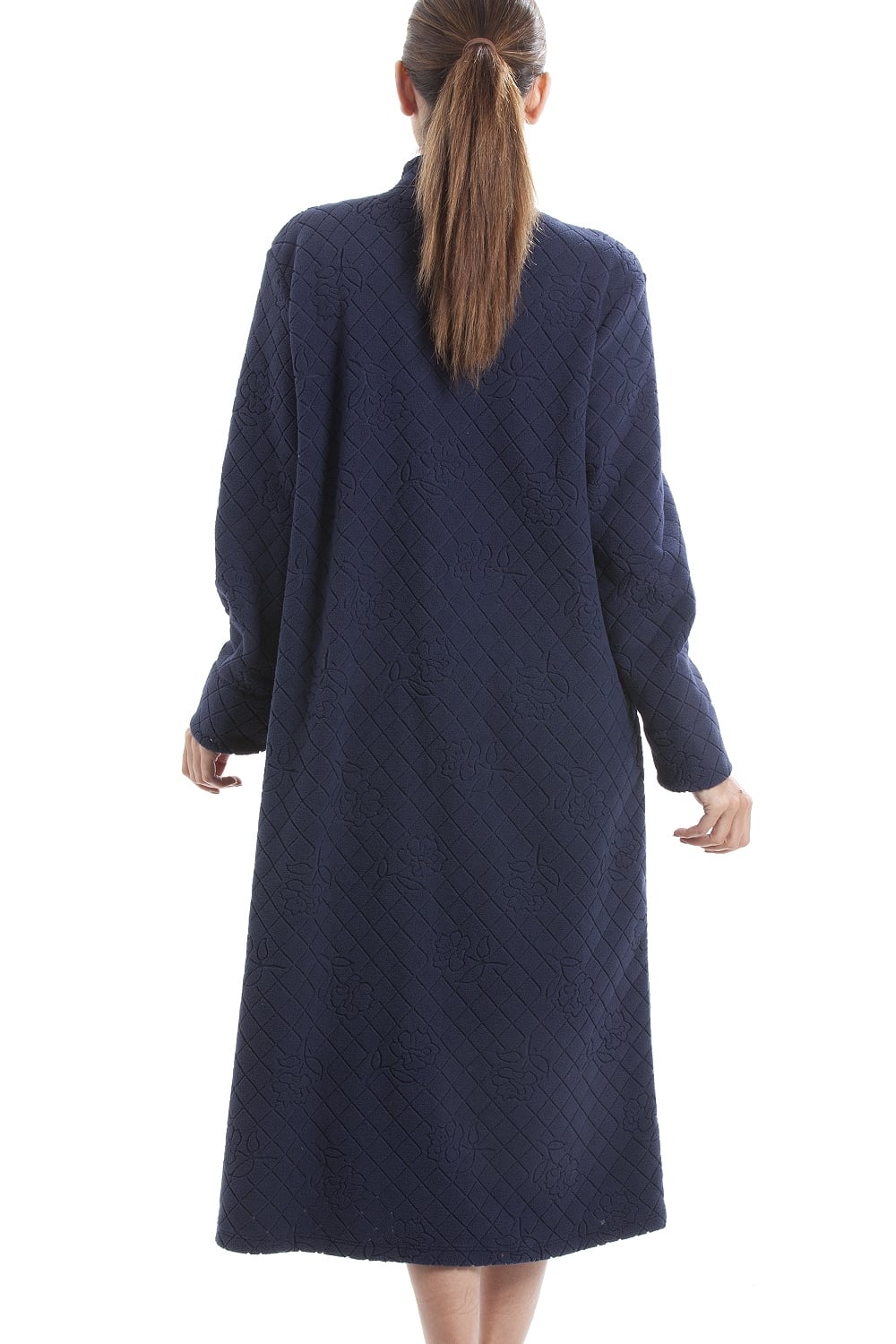 Navy Camille Lingerie Navy Soft Fleece Floral Button Up Housecoat, Image 2 of 5