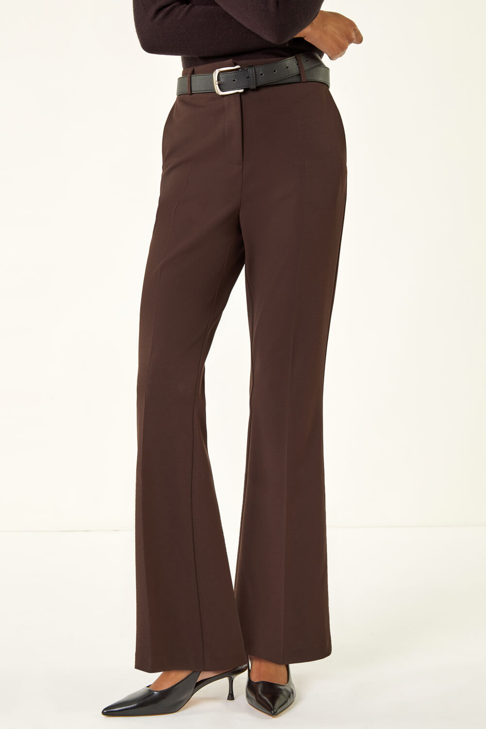 Dark Brown Short Bootcut Stretch Trousers, Image 5 of 6