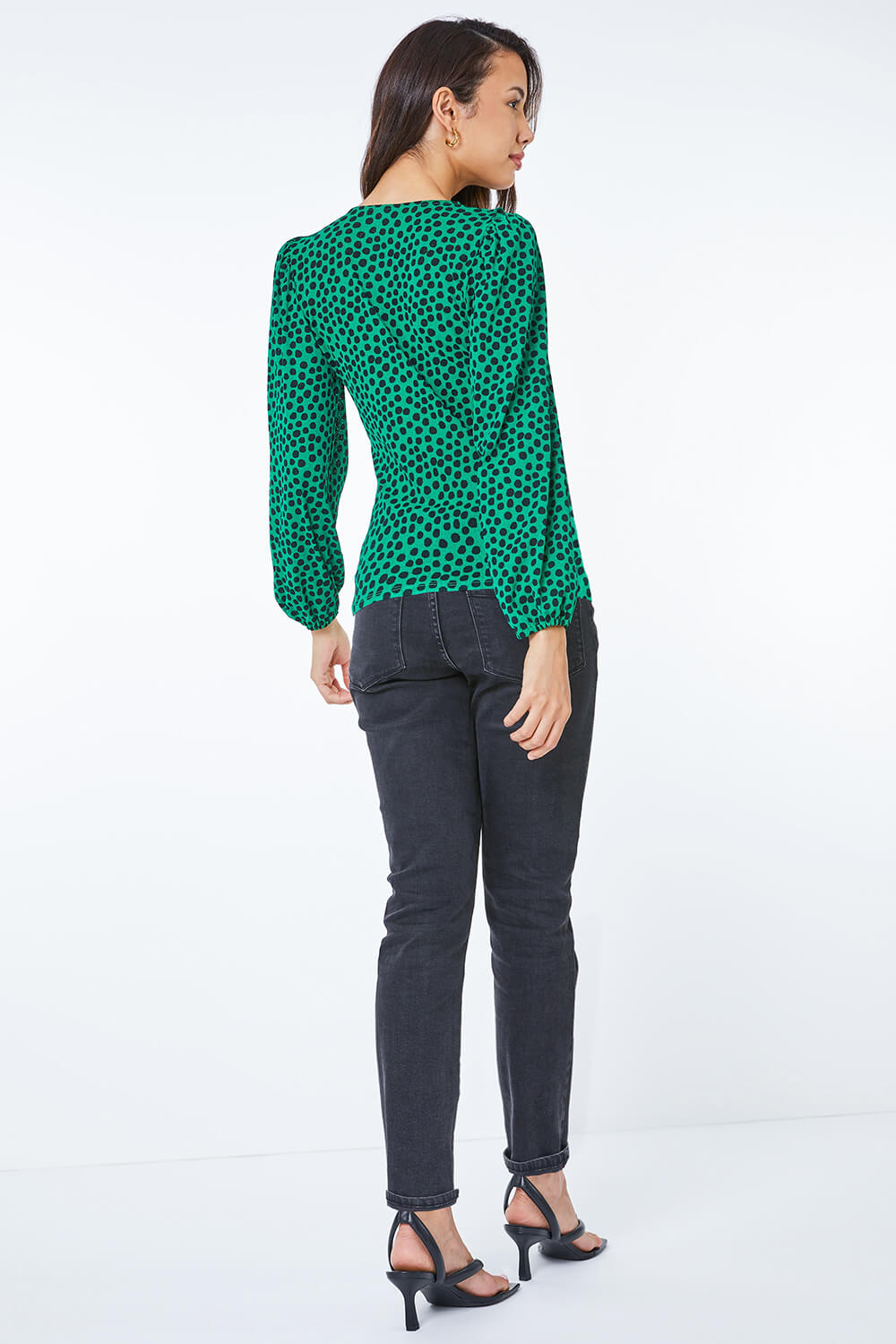 Green Spot Print Ruffle Top, Image 3 of 5
