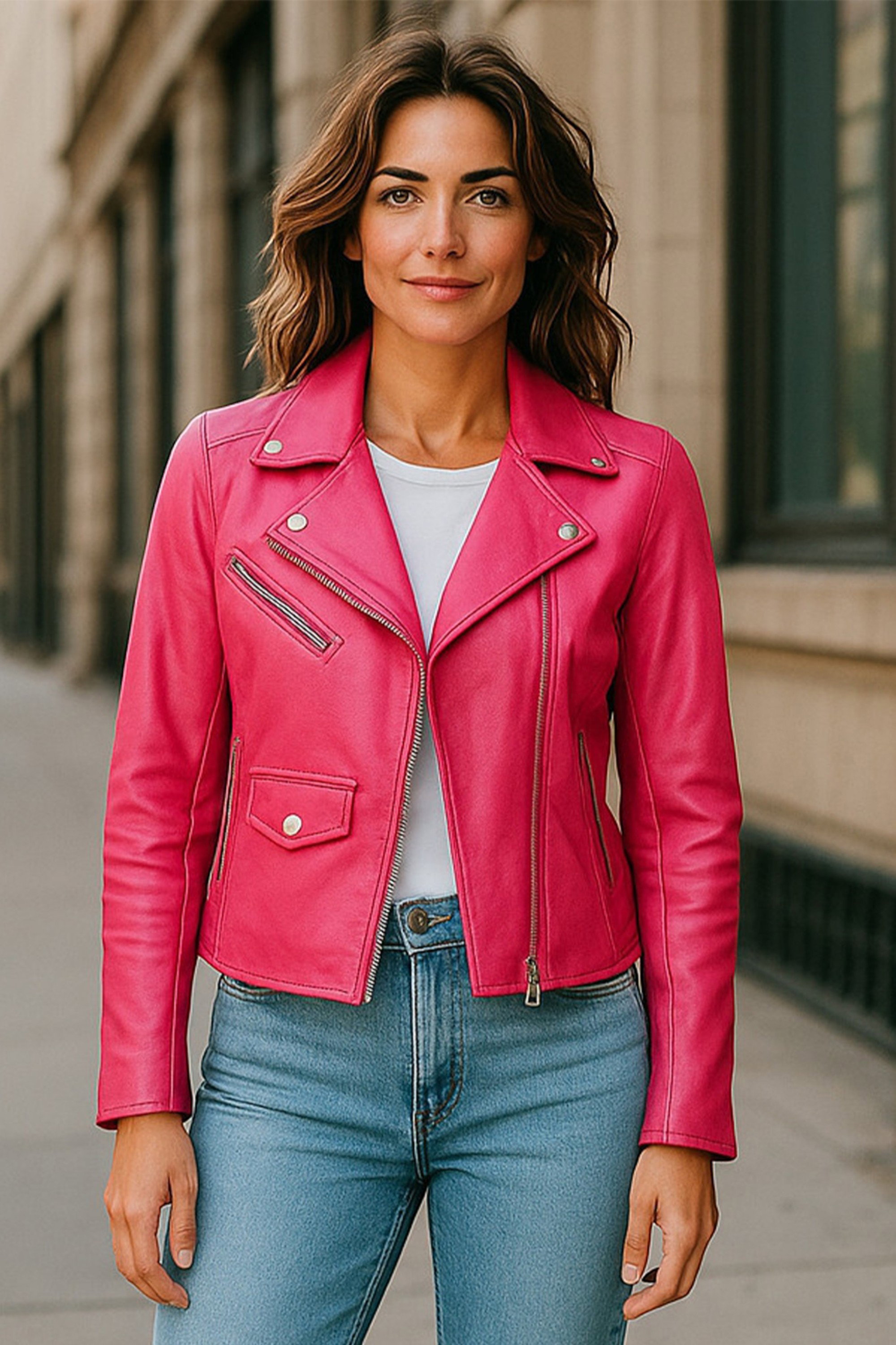 Fuchsia Brando Biker Leather Jacket-Broome, Image 1 of 8