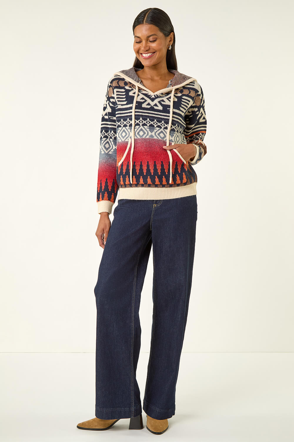 Navy Jacquard Hooded Knit, Image 3 of 5