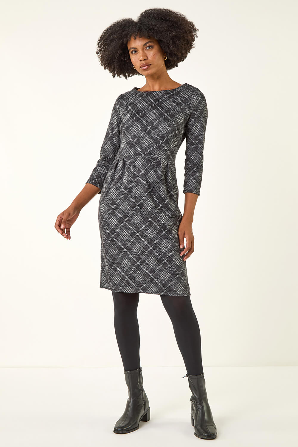 Dark Grey Checked Front Pleat Shift Dress | Roman UK