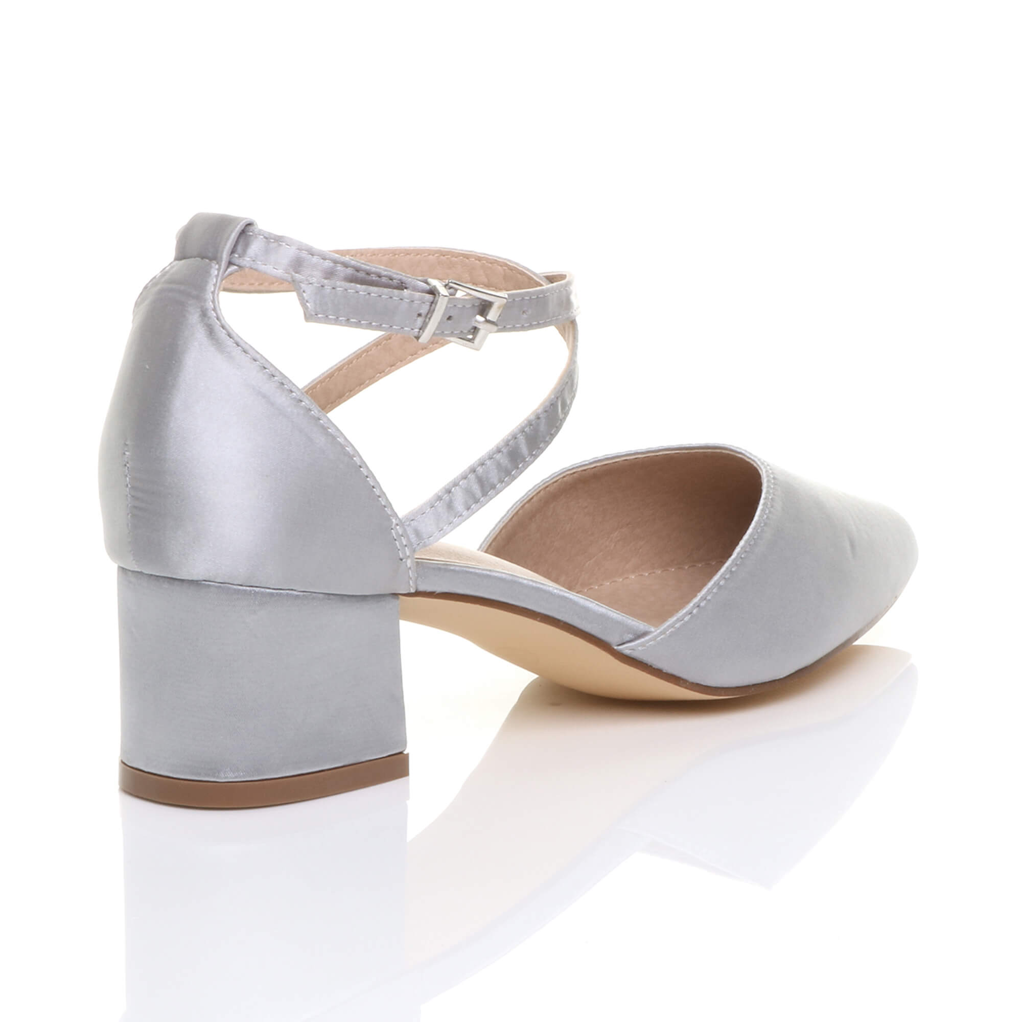 Silver Mid Block Heel Crossed Strap Pointed Toe 2 Part Heels, Image 4 of 6