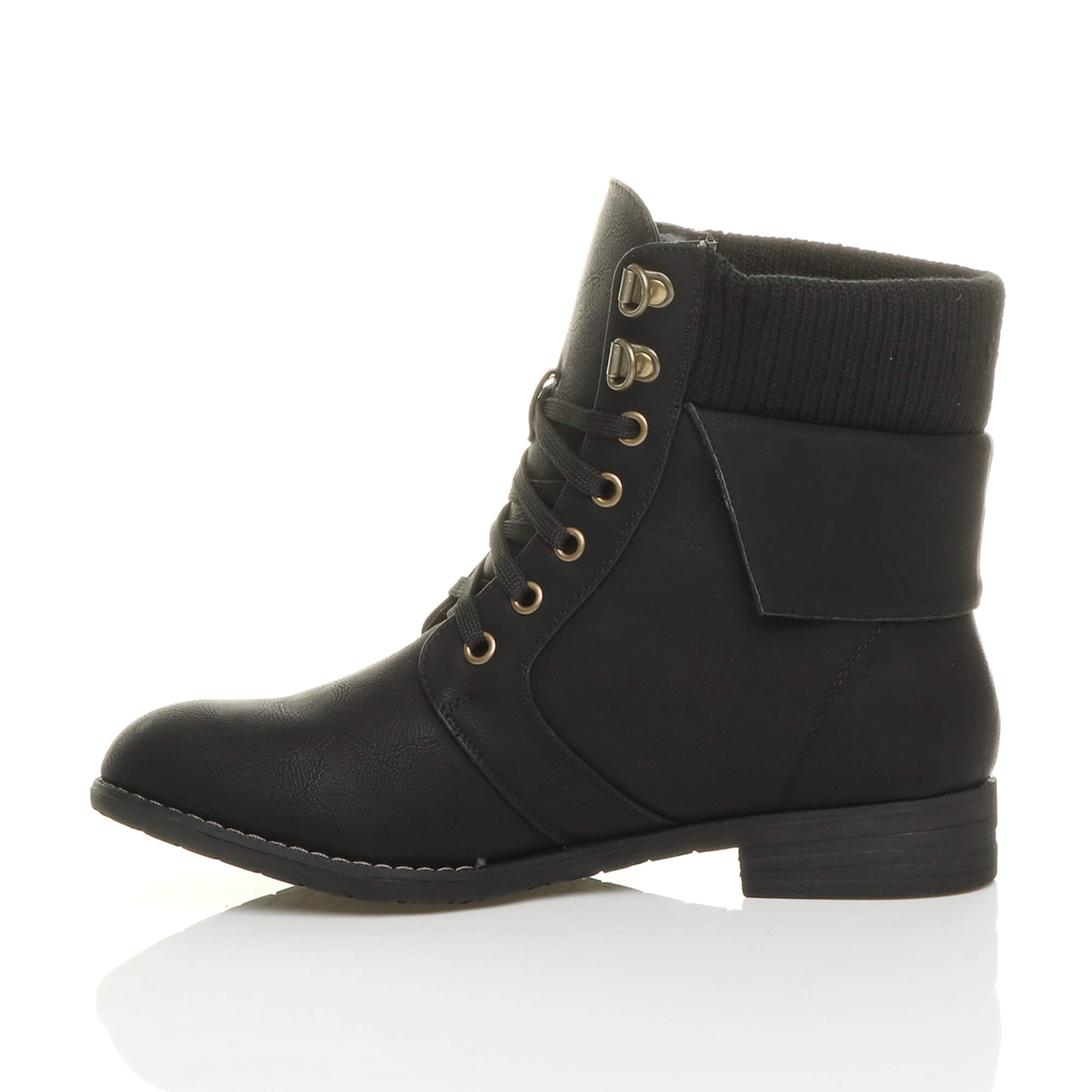 Black AJVANI Black Lace Up Knitted Collar Biker Military Boots, Image 3 of 6